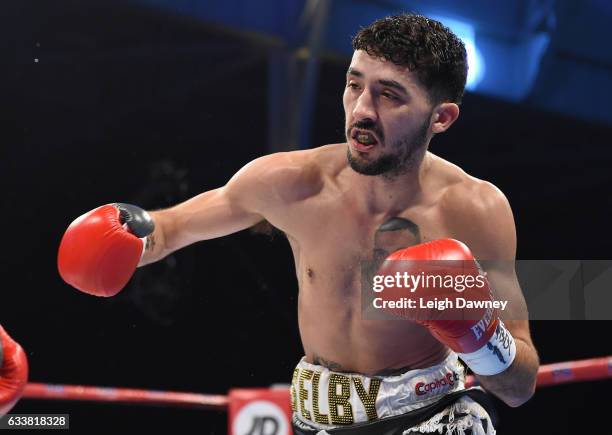 Andrew Selby of Wales in action against Ardin Diale of the Philippines during their WBC International Flyweight title fight at Olympia London on...