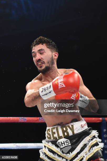 Andrew Selby of Wales in action against Ardin Diale of the Philippines during their WBC International Flyweight title fight at Olympia London on...