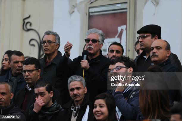 Tunisians gather during the death anniversary of the Chokri Belaid as they demand from Government to unveil the mystery of his death, in Tunis,...