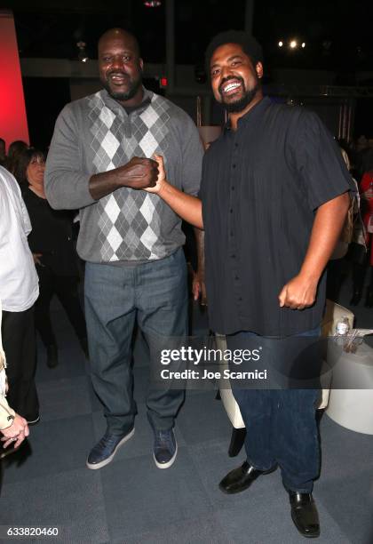 Former NBA player Shaquille O'Neal and former NFL player Jonathan Ogden attend the Fanatics Super Bowl Party at Ballroom at Bayou Place on February...