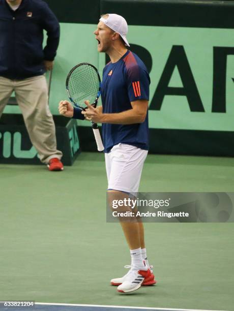 Dominic Inglot of Great Britain reacts after winning a point during the doubles match on day two of the Davis Cup World Group tie between Great...