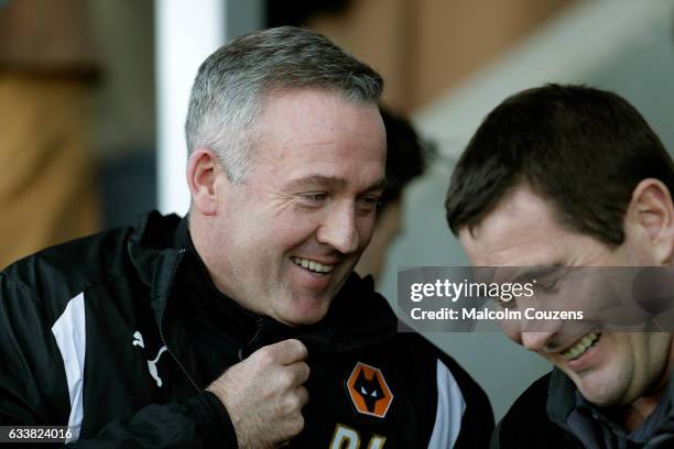 Managers Paul Lambert of Wolverhampton Wanderers and Nigel Clough of Burton Albion chat during the Sky Bet Championship match between Burton Albion...