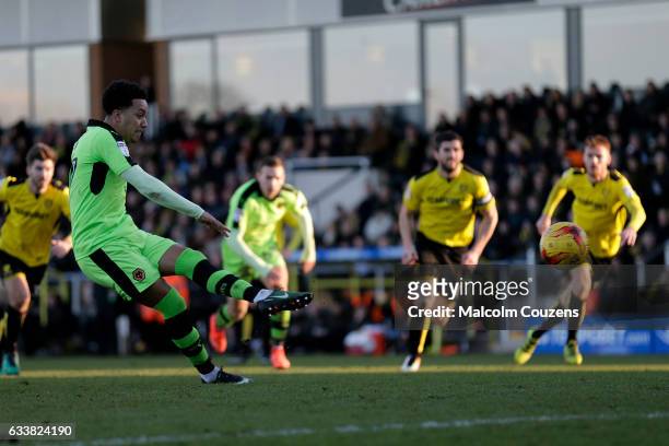 Helder Costa of Wolverhampton Wanderers scores from a penalty kick during the Sky Bet Championship match between Burton Albion and Wolverhampton...