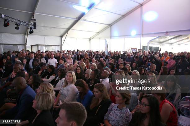 Attendees sit and watch the awards ceremony during the 30th Annual Leigh Steinberg Super Bowl Party on February 4, 2017 in Houston, Texas.