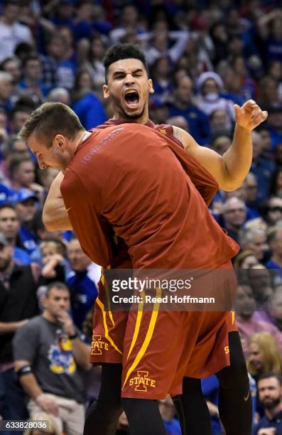 Nazareth Mitrou-Long of the Iowa State Cyclones and teammate Wes Greder celebrate their win over the Kansas Jayhawks on February 4, 2017 at Allen...