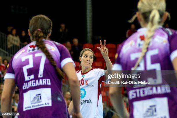 Team captain Gro Hammerseng-Edin signals the play in the game between Larvik HK and FC Midtjylland on February 4, 2017 in Larvik, Norway.