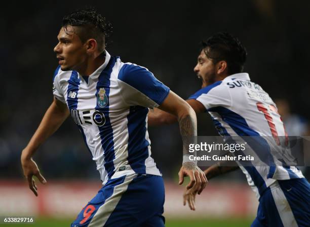Porto's forward from Brazil Soares celebrates after scoring a goal during the Primeira Liga match between FC Porto and Sporting CP at Estadio do...