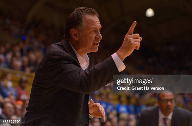 Head coach Mark Gottfried of the North Carolina State Wolfpack directs his team during the game against the Duke Blue Devils at Cameron Indoor...