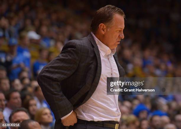 Head coach Mark Gottfried of the North Carolina State Wolfpack watches his team during the game against the Duke Blue Devils at Cameron Indoor...