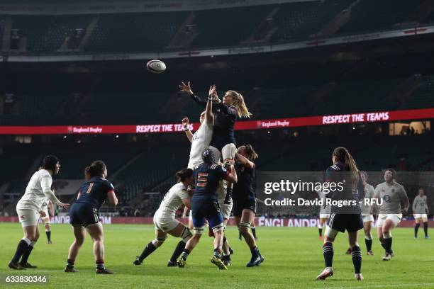 Marjorie Mayans of France wins lineout ball during the Women's Six Nations match between England and France at Twickenham Stadium on February 4, 2017...