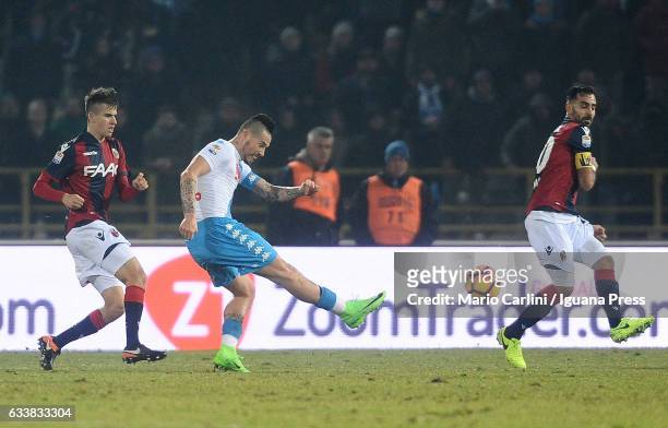 Marek Hamsik of SSC Napoli scores his team's seventh goal during the Serie A match between Bologna FC and SSC Napoli at Stadio Renato Dall'Ara on...
