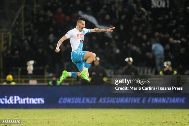 Marek Hamsik of SSC Napoli celebrates after scoring his team's seventh goal during the Serie A match between Bologna FC and SSC Napoli at Stadio...