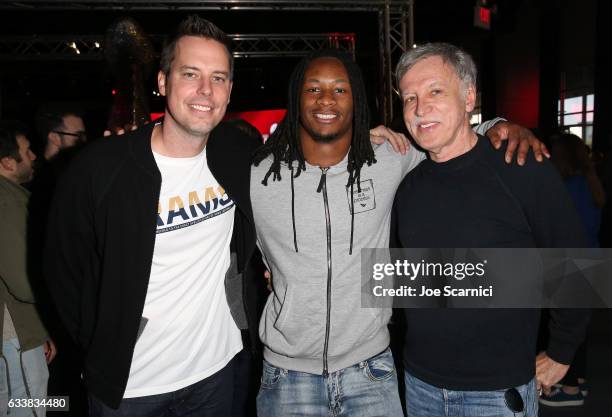 Josh Kroenke, NFL player Todd Gurley, and Los Angeles Rams owner Stan Kroenke attend the Fanatics Super Bowl Party at Ballroom at Bayou Place on...