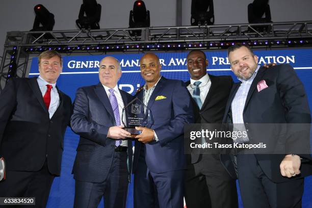 Sports agent/event host Leigh Steinberg, entrepreneur Cosmo DeNicola, and General Manager of the Houston Texans Rick Smith pose onstage during the...