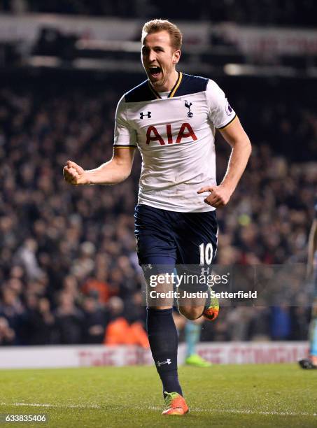 Harry Kane of Tottenham Hotspur celebrates scoring the first goal during the Premier League match between Tottenham Hotspur and Middlesbrough at...