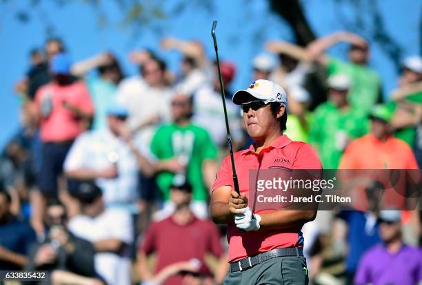 Byeong Hun An of Korea plays his tee shot on the 12th hole during the third round of the Waste Management Phoenix Open at TPC Scottsdale on February...