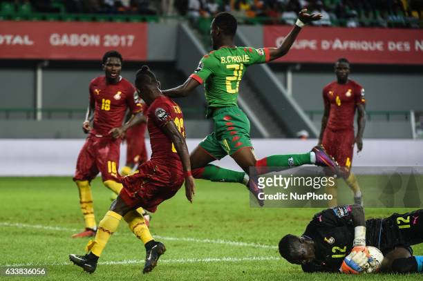 Cyrille Barros Bayala and Richard Ofori during the 2017 Africa Cup of Nations 3rd place match in Port Gentile, Gabon on 4/2/2017