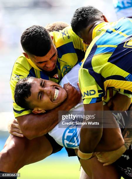 Peter Schuster of Manly is tackled by George Jennings of the Eels during the 2017 Auckland Nines match between Manly Sea Eagles and the Parramatta...