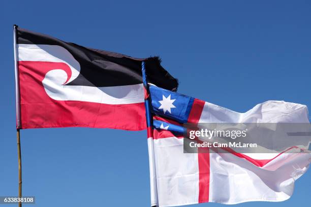 The Maori and United Tribes flag fly on February 5, 2017 in Waitangi, New Zealand. The Waitangi Day national holiday celebrates the signing of the...