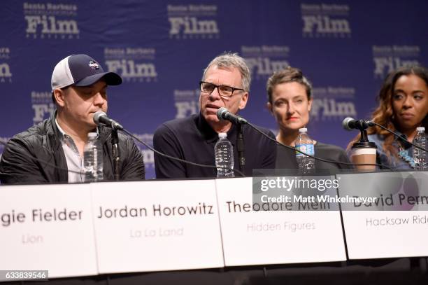 Producers Theodore Melfi, David Permut, Adele Romanski and Kimberly Steward, speak onstage at the Producers Panel during the 32nd Santa Barbara...