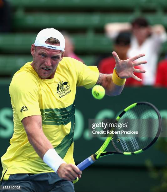 Sam Groth of Australia competes in his singles match against Jiri Vesely of Czech Republic during the first round World Group Davis Cup tie between...