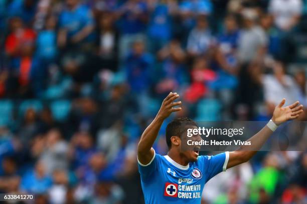 Joao Rojas of Cruz Azul reacts during the 5th round match between Cruz Azul and Queretaro as part of the Torneo Clausura 2017 Liga MX at Azul Stadium...