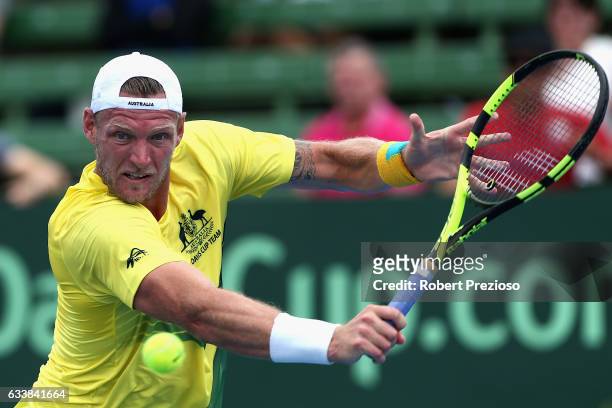 Sam Groth of Australia competes in his singles match against Jiri Vesely of Czech Republic during the first round World Group Davis Cup tie between...