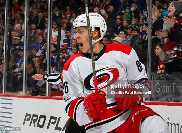 Teuvo Teravainen of the Carolina Hurricanes celebrates his second period goal against the New York Islanders at Barclays Center on February 4, 2017...