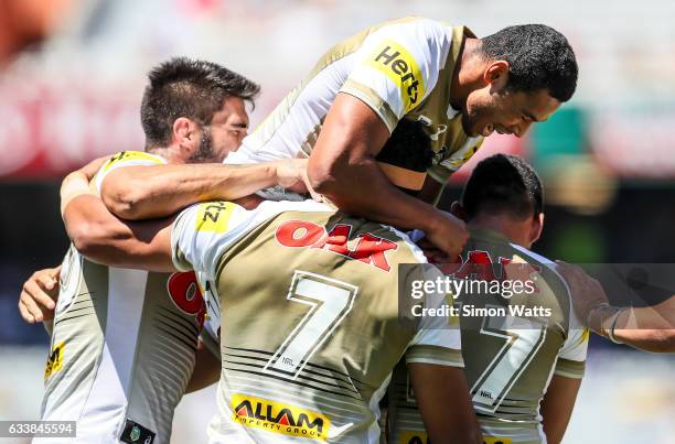 Penrith players celebrate a golden point win during the 2017 Auckland Nines quarter final match between the Penrith Panthers and the Manly Sea Eagles...