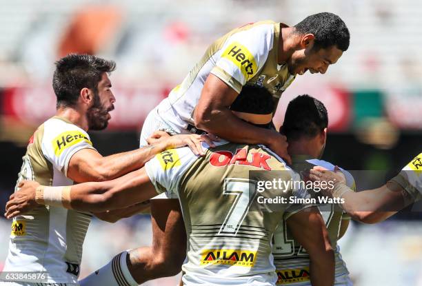 Penrith players celebrate a golden point win during the 2017 Auckland Nines quarter final match between the Penrith Panthers and the Manly Sea Eagles...