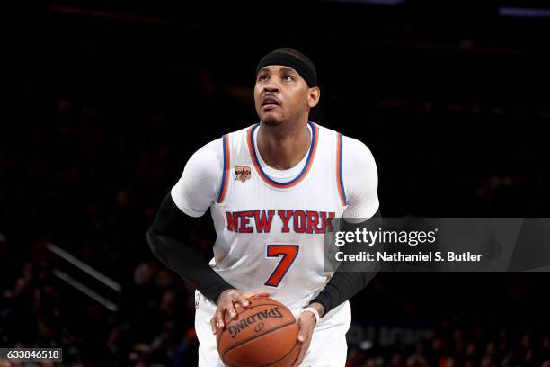 Carmelo Anthony of the New York Knicks shoots a free throw against the Cleveland Cavaliers on February 4, 2017 at Madison Square Garden in New York...