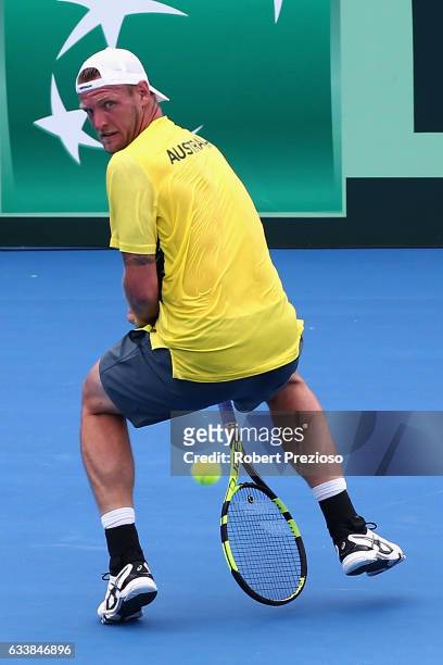 Sam Groth of Australia competes in his singles match against Jiri Vesely of Czech Republic during the first round World Group Davis Cup tie between...