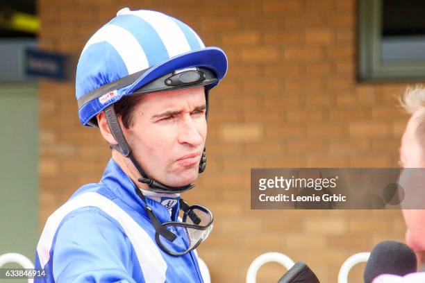Steven Arnold after winning the WorkforceXS SV 2YO Handicap at Sale Racecourse on February 05, 2017 in Sale, Australia.