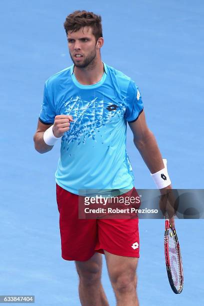 Jiri Vesely of Czech Republic celebrates a point in his singles match against Sam Groth of Australia during the first round World Group Davis Cup tie...