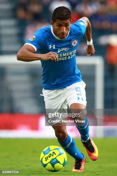 Joao Rojas of Cruz Azul drives the ball during the 5th round match between Cruz Azul and Queretaro as part of the Torneo Clausura 2017 Liga MX at...