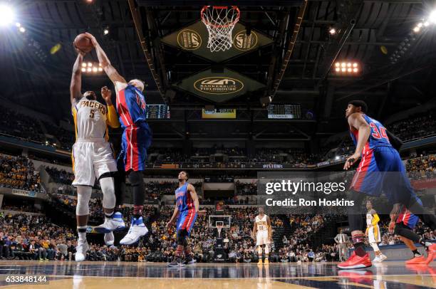 February 4: Aron Baynes of the Detroit Pistons blocks the shot against Lavoy Allen of the Indiana Pacers on February 4, 2017 at Bankers Life...