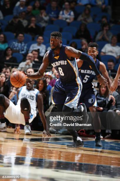 James Ennis of the Memphis Grizzlies handles the ball during a game against the Minnesota Timberwolves on February 4, 2017 at the Target Center in...