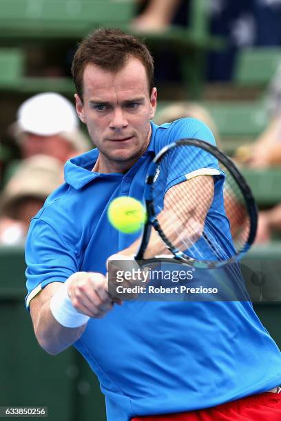 Jan Satral of Czech Republic competes in his singles match against Jordan Thompson of Australia during the first round World Group Davis Cup tie...