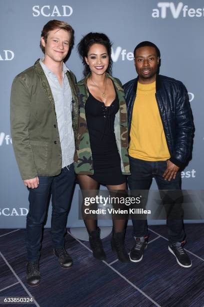 Actor Lucas Till, Actress Tristin Mays, and Actor Justin Hires attend a press junket for 'The MacGyver' on Day Three of the aTVfest 2017 presented by...