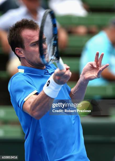 Jan Satral of Czech Republic competes in his singles match against Jordan Thompson of Australia during the first round World Group Davis Cup tie...