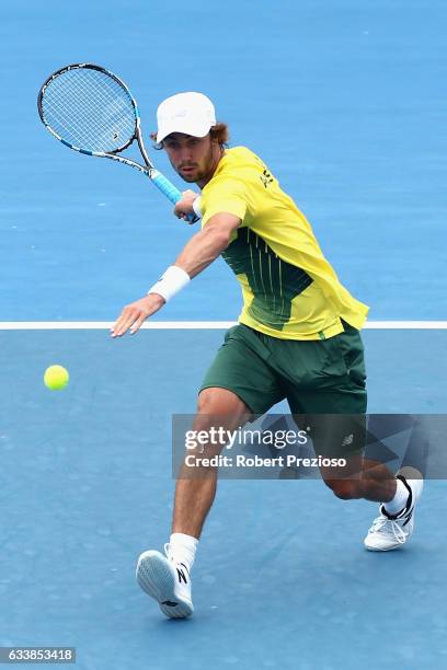 Jordan Thompson of Australia competes in his singles match against Jan Satral of Czech Republic during the first round World Group Davis Cup tie...