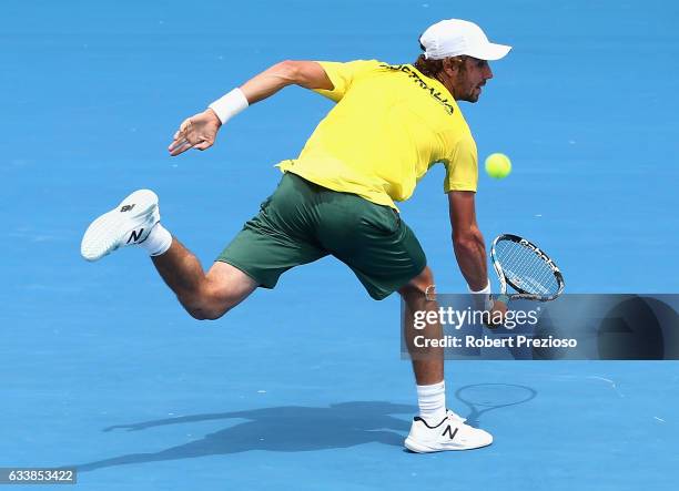 Jordan Thompson of Australia competes in his singles match against Jan Satral of Czech Republic during the first round World Group Davis Cup tie...