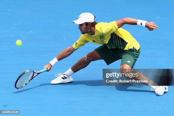 Jordan Thompson of Australia competes in his singles match against Jan Satral of Czech Republic during the first round World Group Davis Cup tie...