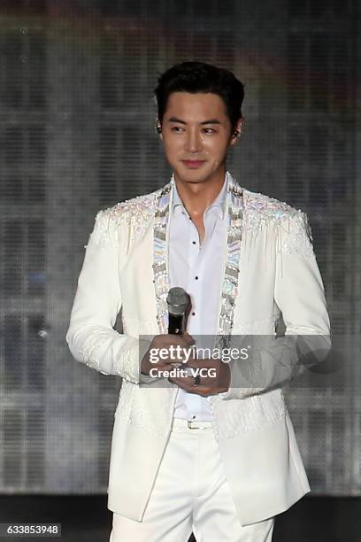 Singer Jun Jin of South Korean boy group Shinhwa performs onstage during their concert "2017 Shinhwa Live - Unchanging In Taipei" at Taipei Nangang...
