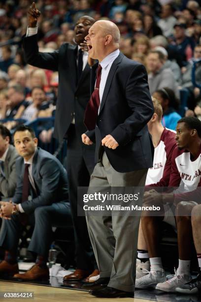 Head coach Herb Sendek of the Santa Clara Broncos works from the sideline in the first half against the Gonzaga Bulldogs at McCarthey Athletic Center...