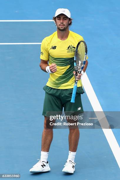 Jordan Thompson of Australia celebrates a win in his singles match against Jan Satral of Czech Republic during the first round World Group Davis Cup...