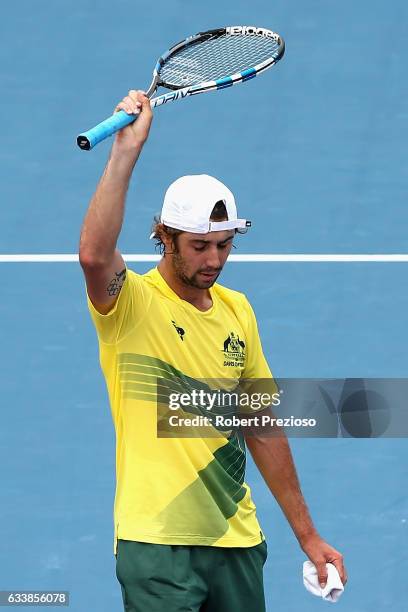 Jordan Thompson of Australia celebrates a win in his singles match against Jan Satral of Czech Republic during the first round World Group Davis Cup...