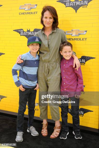 Actress Annabeth Gish, sons Enzo Edward Allen and Cash Alexander Allen arrive at the premiere of Warner Bros. Pictures' "The LEGO Batman Movie" at...