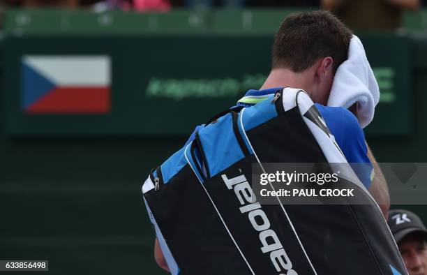 Jan Satral of the Czech Republic reacts after losing the fifth rubber against Jordan Thompson of Australia during the Davis Cup World Group at...