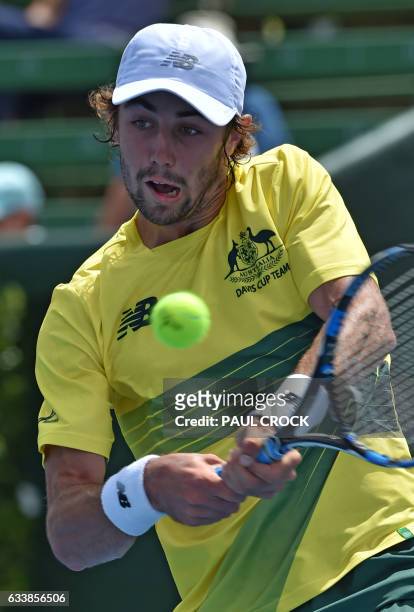 Jordan Thompson of Australia hits a return against Jan Satral of the Czech Republic during the Davis Cup World Group at Kooyong in Melbourne on...